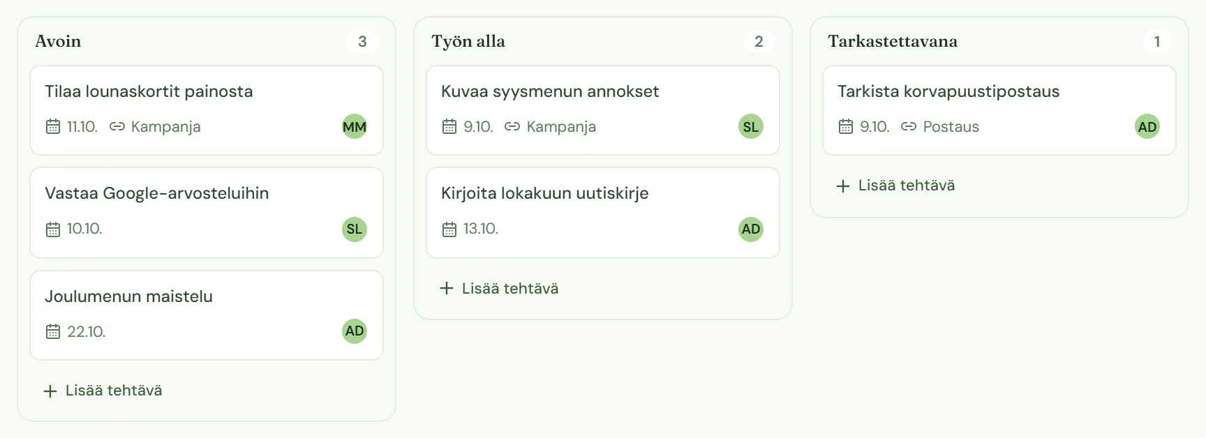 Luviamon tehtävätaulu: avoimet, työn alla olevat ja tarkastettavat tehtävät vastuuhenkilöineen